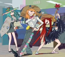 3girls belt binder_clip black_shoes blonde_hair blue_hair breasts broom cactus charro clenched_hand closed_eyes commentary desk dhl fake_facial_hair fake_mustache hair_ornament hand_on_own_hip hat highres hipa_(some1else45) holding holding_instrument holding_maracas improvised_instrument indoors instrument long_hair long_sleeves maracas medium_breasts medium_hair mexican_clothes multiple_girls nahia_(some1else45) neck_ruff newspaper office one_eye_closed oomakase open_mouth original pants parted_bangs pencil_skirt red_eyes red_hair sekoshi_(some1else45) shirt shoes skirt slippers smile smiley_face sombrero some1else45 spanish_commentary standing sticky_note teeth tile_floor tiles white_shirt