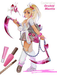 Rule 34 | 1girl, absurdres, bag, blonde hair, blood, blood on clothes, bloody weapon, botjira, bow, bra visible through clothes, breasts, candy, cardigan, cardigan around waist, cleavage, clothes around waist, commentary, cosmetics, cute weapon, dark-skinned female, dark skin, ear piercing, earrings, english commentary, english text, fingernails, flower earrings, food, gyaru, hair bow, hair ornament, hair scrunchie, hairclip, highres, holding, holding weapon, jewelry, kusarigama, leg warmers, lipgloss, loafers, lollipop, long fingernails, long hair, looking at viewer, medium breasts, mole, mole on cheek, nail polish bottle, orchid mantis, original, piercing, pink blood, pink eyes, pink nails, pink scrunchie, pleated skirt, ponytail, school bag, scrunchie, shirt, shoes, sickle, skirt, solo, unworn cardigan, weapon, white bow, white leg warmers, white shirt, wrist scrunchie