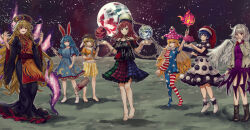 6+girls american_flag_dress american_flag_legwear animal_ears arm_up arrow_(symbol) baggy_shorts bare_shoulders barefoot beads belt black_belt black_boots black_bow black_choker black_dress black_hat black_shirt black_sky blonde_hair bloomers blue_dress blue_eyes blue_hair book boots bow bowtie breasts brown_hat chain chinese_clothes choker closed_mouth clothes_writing clownpiece collarbone collared_dress covering_own_mouth crescent crescent_print dalachi_(headdress) dango doremy_sweet dream_soul dress earth_(ornament) earth_(planet) eating energy everyone fairy_wings feathered_wings food frills full_body gold_chain green_skirt grey_hair grey_jacket hair_between_eyes hair_ornament hammer hand_on_own_face hand_up hands_up hat heart heart_print hecatia_lapislazuli highres holding holding_book holding_food holding_hammer holding_skewer holding_torch jacket jester_cap junko_(touhou) kishin_sagume legacy_of_lunatic_kingdom long_hair long_sleeves looking_at_viewer low-tied_long_hair low_twintails mandarin_collar medium_breasts medium_hair midriff moon moon_(ornament) multicolored_skirt multiple_girls navel neck_ribbon neck_ruff nightcap no_shoes off-shoulder_shirt off_shoulder open_book open_clothes open_jacket open_mouth orange_hair orange_shirt pantyhose phoenix_print pink_hat plaid_clothes plaid_skirt planet polka_dot_headwear pom_pom_(clothes) puffy_short_sleeves puffy_sleeves purple_dress purple_eyes purple_skirt rabbit_ears rabbit_girl rabbit_tail red_bow red_bowtie red_dress red_eyes red_hair red_hat red_skirt red_tabard ribbon ringo_(touhou) seiran_(touhou) shadow shirt short_hair short_sleeves shorts single_wing skewer skirt sky smile socks space standing star_(sky) star_(symbol) star_print starry_sky striped_clothes striped_dress striped_pantyhose striped_shorts t-shirt tabard tail tassel teeth tentaizukan torch touhou transparent_wings twintails two-sided_dress two-sided_fabric two-tone_dress underwear underworld_(ornament) very_short_hair visor_cap wagashi white_bloomers white_boots white_dress white_socks wide_sleeves wings yellow_ribbon yellow_shorts