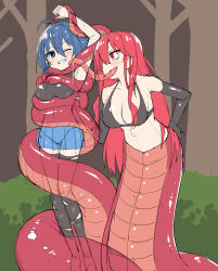 2girls black_bra blue_hair bra breasts cleavage gloves highres lamia large_breasts long_hair long_tongue monster_girl multiple_girls open_mouth red_eyes red_hair short_hair skirt tongue underwear vore