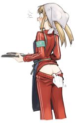 1girl alternate_costume anger_vein apron armband ass bandana black_apron blonde_hair blush brown_eyes clothes_pull cursor disembodied_hand feet_out_of_frame female_focus fish from_behind gloves grabber_tool green_armband grey_headscarf headscarf highres holding holding_tray jacket kantai_collection light_brown_hair long_hair long_sleeves looking_back michishio_(kancolle) michishio_(saury_festival)_(kancolle) open_mouth panties pants pants_pull panty_pull pink_panties pulling_another&#039;s_clothes red_jacket red_pants sakura_(medilore) saury shouting simple_background solo solo_focus standing track_jacket track_pants track_suit tray twintails underwear white_background white_gloves white_panties
