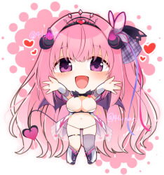Rule 34 | 1girl, :d, anneliese, asymmetrical legwear, blue ribbon, blush, boots, breasts, chibi, chibi only, cleavage, commentary, demon girl, demon horns, demon tail, demon wings, full body, grey thighhighs, hair between eyes, hair ornament, hair ribbon, happy, heart, heart hair ornament, horns, kimagure temptation, large breasts, long hair, looking at viewer, micro panties, mismatched legwear, navel, official alternate costume, official alternate hairstyle, one side up, open mouth, outstretched arms, outstretched hand, panties, pink background, pink hair, pink ribbon, purple eyes, revealing clothes, ribbon, silver116, simple background, single thighhigh, smile, solo, standing, stomach, tail, tareme, thigh strap, thighhighs, tiara, twitter username, two-tone background, underwear, very long hair, white background, white boots, wings
