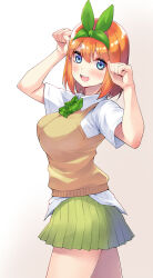 1girl blue_eyes blush bow bowtie breasts collared_shirt commentary_request cowboy_shot go-toubun_no_hanayome gradient_background green_bow green_bowtie green_hairband green_skirt hairband hands_up highres hikari_no_oukokumin large_breasts looking_at_viewer nakano_yotsuba open_mouth orange_background orange_hair plaid_bow plaid_bowtie plaid_clothes pleated_skirt school_uniform shirt short_hair skirt smile solo standing sweater_vest teeth upper_teeth_only white_shirt yellow_sweater_vest