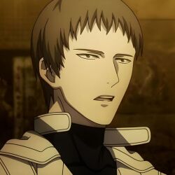 1boy black_shirt brown_background brown_hair hirako_take jacket looking_to_the_side male_pubic_hair open_mouth pubic_hair shirt short_hair teeth tokyo_ghoul white_jacket