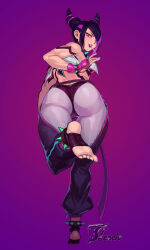 1girl absurdres ass barefoot black_hair blue_eyes candy feet fingerless_gloves food gloves hair_horns han_juri heterochromia highres lollipop long_hair looking_at_viewer looking_back pink_eyes soles stirrup_legwear street_fighter ti_tentacle toeless_legwear toes