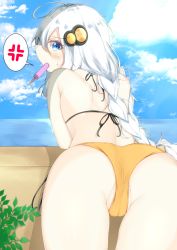 1girl ahoge anger_vein ass aties20 back bent_over bikini blue_eyes blue_sky braid cameltoe cloud cloudy_sky commentary day food from_behind hair_ornament ivy kizuna_akari long_hair looking_at_viewer looking_back mouth_hold ocean orange_bikini outdoors popsicle sky spoken_anger_vein standing sweatdrop swimsuit thighs twin_braids very_long_hair vocaloid voiceroid wall
