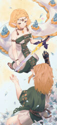 Rule 34 | 1boy, 1girl, absurdres, ancient set (zelda), armlet, blonde hair, bracelet, dragon girl, dragon tail, dress, ear piercing, earrings, green tabard, hanyaka, highres, holding, holding sword, holding weapon, jewelry, light dragon (zelda), link, long hair, magatama, magatama necklace, master sword, necklace, nintendo, piercing, pointy ears, princess zelda, short hair, smile, spoilers, strapless, strapless dress, sword, tabard, tail, the legend of zelda, the legend of zelda: tears of the kingdom, weapon, white dress