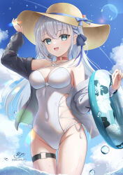 1girl :d adjusting_clothes adjusting_headwear aqua_eyes bare_shoulders bikini black_sweater blue_hair blue_ribbon blue_sky breasts brown_hat cloud cloudy_sky cowboy_shot hair_ribbon hat highres innertube large_breasts long_hair looking_at_viewer off-shoulder_sweater off_shoulder open_mouth ribbon sky smile sola_num_5130 solo sunlight sweater swim_ring swimsuit two-tone_sweater umi_(vrchat) very_long_hair vrchat wading white_bikini white_hair white_sweater