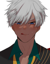 1boy :q adam&#039;s_apple blue_eyes blush coat collarbone collared_shirt dark-skinned_male dark_skin earrings facing_viewer highres jewelry kuku_nisu licking_lips looking_down loose_necktie male_focus mammon_(obey_me!) multicolored_eyes necktie obey_me!:_one_master_to_rule_them_all! parted_bangs partially_unbuttoned portrait shade shirt short_hair simple_background smile solo stud_earrings sweatdrop tongue tongue_out two-tone_eyes white_background white_hair yellow_eyes