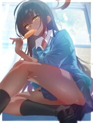 1girl ahoge black_hair blue_archive blue_bow blue_bowtie blue_cardigan bow bowtie cardigan corn_dog dark-skinned_female dark_skin halo highres itsk_ne karin_(blue_archive) karin_(school_uniform)_(blue_archive) long_hair looking_at_viewer official_alternate_costume open_mouth school_uniform sitting solo yellow_eyes