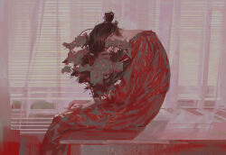Rule 34 | 1girl, blinders, bouquet, brown hair, commentary, covered face, curtains, dress, english commentary, feet out of frame, flower, from side, hair bun, hair tie, highres, holding, holding bouquet, indoors, long dress, long sleeves, on table, original, red dress, red theme, rose, short hair, single hair bun, sitting, solo, table, white flower, white rose, window, yingfeng862