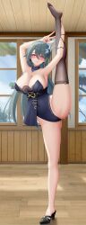 1girl absurdres armpits arms_up bad_id bad_pixiv_id black_footwear black_leotard black_thighhighs breasts cleavage collarbone commentary_request covered_navel detached_collar full_body gold_trim grey_hair hair_between_eyes hair_ornament heart heart-shaped_pupils high_heels highleg highleg_leotard highres honkai_(series) honkai_impact_3rd indoors large_breasts large_variant_set leg_hold leg_up legs leotard long_hair looking_at_viewer lrh0123 nail_polish paid_reward_available red_eyes red_nails sidelocks single_thighhigh skindentation smile solo split standing standing_on_one_leg standing_split symbol-shaped_pupils thighhighs tongue tongue_out tree v variant_set vita_(honkai_impact) window wooden_ceiling wooden_floor wooden_wall