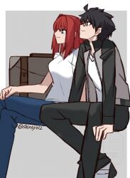 Rule 34 | 1boy, 1girl, aozaki aoko, black eyes, black hair, blue pants, breasts, briefcase, glasses, highres, large breasts, long hair, male focus, pants, red hair, shintyoi2, shirt, short hair, signature, smile, tohno shiki, tsukihime, very long hair, white shirt