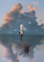1girl 2boys absurdres bird black_cloak black_pantyhose blue_sky brown_hair brown_shoes capelet cloak closed_mouth cloud cloudy_sky commentary_request elf film_grain floating_hair frieren from_behind from_side heiter highres himmel_(sousou_no_frieren) holding holding_suitcase lengmoart long_hair looking_at_viewer looking_back multiple_boys orange_clouds pantyhose pointy_ears reflection reflective_water shoes short_hair signature skirt sky sousou_no_frieren standing standing_on_liquid suitcase turning_head twintails white_capelet white_cloak white_hair white_skirt wide_shot