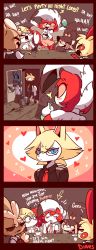 2boys 4koma 5girls absurdres animal_ears arm_up arms_up arrow_(projectile) backpack bag bandaid bandaid_on_face black-framed_eyewear black_bra black_footwear black_hair black_legwear black_pants black_sclera black_vest blue_eyes blush blush_stickers bow bra braixen breasts cherry closed_eyes colored_sclera comic creatures_(company) cup diives dog_ears dog_tail door drink drinking_glass drinking_straw english_text fang food fox_ears freckles fruit gaghiel_(evangelion) game_freak gen_3_pokemon gen_4_pokemon gen_6_pokemon gen_7_pokemon glasses hair_bow half-closed_eyes hand_on_own_face hand_up happy heart highres holding ice_cream indoors laughing looking_away looking_to_the_side lopunny lucario lyca_(diives) lycanroc mawile multiple_boys multiple_girls napkin neck_ribbon necktie nintendo open_clothes open_mouth open_shirt outstretched_arms pants pink_bow pink_neckwear pink_sclera pink_skirt plate plusle pokemon pokemon_(creature) red_eyes red_neckwear ribbon sharp_teeth shirt shoes short_sleeves skirt small_breasts smile socks sparkle standing sundae table tail talking teeth text_focus underwear vest walking white_footwear white_hair white_shirt wolf_ears