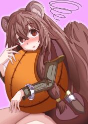 1girl @_@ absurdres animal_ear_fluff animal_ears ball brown_dress brown_hair child commentary_request dress drooling eyelashes glowing green_dress hair_between_eyes highres hugging_object hypnosis knife_sheath layered_dress long_hair long_sleeves looking_at_viewer metal_hair_tubes metal_wrist_cuffs micon mind_control open_mouth pink_background raccoon_ears raccoon_girl raccoon_tail raphtalia red_eyes sheath short_sleeves simple_background sitting solo spiral tail tate_no_yuusha_no_nariagari tearing_up variant_set