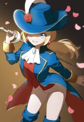 1girl ascot blonde_hair blue_boots blue_coat blue_eyes blue_hat boots cavalier_hat coat earrings falling_petals flower hat hat_flower highres holding holding_sword holding_weapon jewelry looking_at_viewer mario_(series) muis0802 nintendo official_alternate_costume open_clothes open_coat pants petals princess_peach princess_peach:_showtime! rapier red_flower red_rose red_vest rose solo sphere_earrings sword swordfighter_peach vest weapon white_ascot white_pants