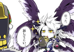 0nodera 2boys beak bird blush colored_skin creature darklord_morningstar darklord_tezcatlipoca demon_wings head_wings mask multiple_boys navel raven ritual_raven sweat text_focus white_background white_hair white_skin wings yellow_eyes yu-gi-oh! yu-gi-oh!_duel_monsters