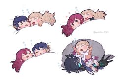 alfonse_(fire_emblem) alternate_hairstyle anna_(fire_emblem) armor blue_hair blush cape chibi chibi_only commentary fire_emblem fire_emblem_heroes fur_cape gloves hair_down hug leather leather_gloves leather_strap lif_(fire_emblem) long_hair messy_hair multicolored_hair multiple_boys multiple_girls mushi_rags nintendo red_eyes red_hair saliva sharena_(fire_emblem) shoulder_armor siblings sleeping sleeping_on_person sleeping_together smile squeans star_(symbol) sweatdrop under_covers