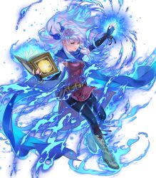 Rule 34 | 1girl, alternate eye color, attack, aura, blue eyes, blue fire, blue headband, book, breasts, fingerless gloves, fire, fire emblem, fire emblem: radiant dawn, fire emblem engage, fire emblem heroes, gloves, headband, highres, holding, holding book, medium breasts, micaiah (emblem) (fire emblem), micaiah (fire emblem), nintendo, non-web source, official alternate eye color, open book, pantyhose, scarf, solo, suzuki rika, white hair