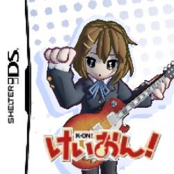 1girl 3d blue_ribbon brown_hair buttoned_cuffs buttons copyright_name cowboy_shot electric_guitar gibson_les_paul grey_jacket guitar hair_ornament hairpin hand_up highres hirasawa_yui holding holding_guitar holding_instrument instrument jacket jaggy_lines k-on! logo long_sleeves looking_at_viewer medium_hair neck_ribbon ribbon sakuragaoka_high_school_uniform school_uniform shelter_song solo standing