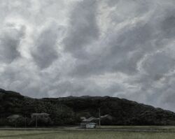 absurdres akebonobashi_(artist) building cloud commentary dark dark_clouds dated_commentary day forest grey_sky highres hill house mountain muted_color nature no_humans original outdoors overcast rice_paddy scenery sky tagme utility_pole
