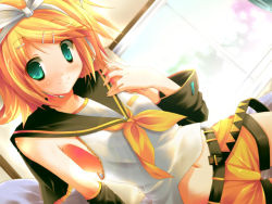 Rule 34 | 1girl, aqua eyes, belt, blonde hair, blouse, detached sleeves, female focus, hair ribbon, indoors, kagamine rin, kagamine rin (if), looking at viewer, microphone, navel, ribbon, sailor collar, shirt, short hair, shorts, smile, solo, utsurogi angu, vocaloid, white ribbon, white shirt, yellow shorts