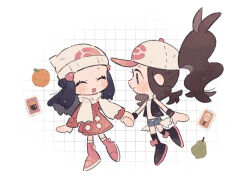 2girls :d beanie black_boots black_hair black_vest blush boots card chibi chibi_only closed_eyes closed_mouth coat commentary_request dawn_(pokemon) exposed_pocket eyelashes food fruit hair_ornament hairclip happy hat hilda_(pokemon) hime_(himetya105) holding_hands long_hair long_sleeves looking_at_another multiple_girls nintendo open_clothes open_mouth open_vest orange_(fruit) pear pink_boots pokemon pokemon_bw pokemon_dppt pokemon_platinum scarf shirt shorts sidelocks smile socks vest white_hat white_shirt white_socks