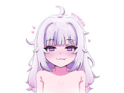 1girl :3 absurdres ahoge artist_name blush fang gawr_gura grey_eyes heart highres hololive hololive_english looking_at_viewer messy_hair simple_background solo topless_female victarionsc virtual_youtuber white_background white_hair