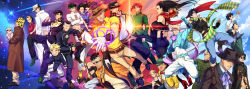 Rule 34 | 5girls, 6+boys, age progression, anchor (symbol), baby, bare shoulders, battle tendency, belt, black hair, blonde hair, caesar anthonio zeppeli, carrying, cropped jacket, dark-skinned male, dark skin, diamond is not crash, dog, dollar sign, earflap hat, erina pendleton, everyone, facial hair, family, father and son, fingerless gloves, gakuran, george joestar ii, gloves, hat, heart, hermit purple, higashikata josuke, higashikata tomoko, highres, hirose koichi, iggy (jojo), ishiima shiro, jean pierre polnareff, jojo no kimyou na bouken, jonathan joestar, joseph joestar, joseph joestar (old), joseph joestar (young), kakyoin noriaki, kishibe rohan, knee pads, kuujou joutarou, lisa lisa, long image, mohammed avdol, multiple belts, multiple boys, multiple girls, multiple persona, nijimura okuyasu, old, old man, old woman, peaked cap, red hair, red scarf, red stone of aja, robert e. o. speedwagon, rudolph von stroheim, scarf, school uniform, shizuka joestar, shoulder carry, sleeveless, smokey brown, stardust crusaders, striped clothes, striped scarf, sunset, suzi q, time paradox, uncle and nephew, wide image, yamagishi yukako