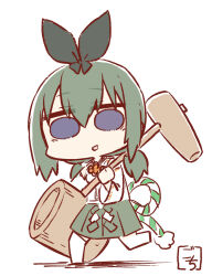 1girl :d adapted_costume artist_name assault_lily bad_id bad_twitter_id black_bow bow chibi commentary_request detached_sleeves full_body gochisousama_(tanin050) green_hair green_hakama hair_between_eyes hair_bow hakama hakama_short_skirt hakama_skirt hand_up highres holding holding_mallet japanese_clothes kine leg_up long_hair long_sleeves looking_at_viewer low_twintails mallet mortar_(bowl) no_shoes nontraditional_miko open_mouth purple_eyes rope running shimenawa shirt short_twintails simple_background skirt sleeveless sleeveless_shirt smile solid_circle_eyes solo thighhighs twintails very_long_hair white_background white_shirt white_thighhighs wide_sleeves yamanashi_hibari