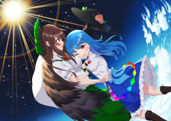 2girls ambasa bird_wings black_headwear blue_hair blue_skirt blue_sky boots bow bowtie breasts brown_footwear brown_hair brown_wings cloud collared_shirt commentary_request commission feet_out_of_frame food frilled_shirt_collar frilled_skirt frills fruit green_bow green_skirt hair_between_eyes hair_bow hat highres hinanawi_tenshi hug leaf long_hair medium_breasts multiple_girls one_eye_closed open_mouth peach puffy_short_sleeves puffy_sleeves rainbow rainbow_gradient red_bow red_bowtie red_eyes reiuji_utsuho shirt short_sleeves skeb_commission skirt sky smile sun third_eye touhou white_shirt wings
