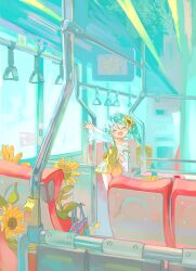 1girl :d aqua_hair aqua_theme arm_up chi_chi3939 choker closed_eyes dated_commentary flower hair_flower hair_ornament hand_grip hatsune_miku highres miku_day off-shoulder_shirt off_shoulder open_mouth overall_shorts overalls shirt smile solo strap_slip sunflower twintails unzipped vocaloid waving zipper_pull_tab
