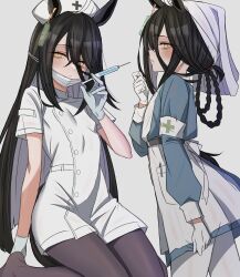 1girl absurdres alternate_costume animal_ears black_hair black_pantyhose closed_mouth commentary_request ear_ornament grey_background hair_between_eyes hat headscarf highres holding holding_syringe horse_ears horse_girl horse_tail leogust long_hair looking_at_viewer manhattan_cafe_(umamusume) nurse nurse_cap pantyhose revision short_sleeves simple_background syringe tail umamusume white_hat white_headscarf yellow_eyes