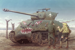 1boy 1girl browning_m2 caterpillar_tracks cloud day earasensha gun heavy_machine_gun helmet korean_war m4_sherman m4a3e8 machine_gun military military_vehicle motor_vehicle painting_(action) real_life sky smile star_(symbol) tank tree weapon