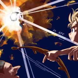 1girl 2boys bag bald blonde_hair blue_background blue_eyes bow_(weapon) explosion frown grey_hair gus_uur link looking_at_another multiple_boys nintendo old_lady_from_bomb_shop_(zelda) open_mouth pointy_ears sakon_(zelda) the_legend_of_zelda the_legend_of_zelda:_majora&#039;s_mask weapon