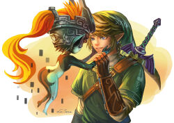 1boy 1girl ass blonde_hair blue_eyes bracer earrings fingerless_gloves floating gloves green_hat green_shirt green_sleeves hand_on_another&#039;s_face hat helmet highres jewelry la-sera layered_sleeves link long_hair long_sleeves master_sword midna nintendo orange_hair pointy_ears ponytail shirt short_over_long_sleeves short_sleeves shoulder_belt smile sword sword_on_back the_legend_of_zelda the_legend_of_zelda:_twilight_princess weapon weapon_on_back white_sleeves