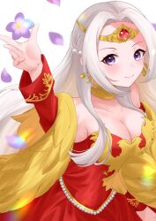Rule 34 | 1girl, bare shoulders, blush, breasts, circlet, cleavage, closed mouth, collarbone, dress, earrings, edelgard von hresvelg, edelgard von hresvelg (adorned eagle), ell 0314, feather shawl, fire emblem, fire emblem: three houses, fire emblem heroes, flower, gem, gold choker, gown, head ornament, highres, jewelry, long hair, long sleeves, looking at viewer, medium breasts, nintendo, official alternate costume, purple eyes, red dress, red gemstone, red sleeves, shawl, smile, solo, white hair, yellow shawl