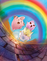 absurdres arita_mitsuhiro blue_sky blush blush_stickers cleffa day fisheye gen_2_pokemon highres igglybuff nintendo no_humans official_art open_mouth outdoors pokemon pokemon_(creature) pokemon_focus pokemon_tcg rainbow red_eyes sky smile third-party_source togepi v-shaped_eyes
