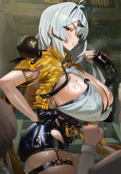 1girl 2others absurdres armlet bird blush breasts brown_eyes feipin_zhanshi fingerless_gloves from_side gloves grey_hair hand_on_own_hip hand_up highres huge_breasts jacket jewelry mole mole_on_breast multiple_others skindentation thigh_strap yellow_jacket yixuan_(zenless_zone_zero) zenless_zone_zero