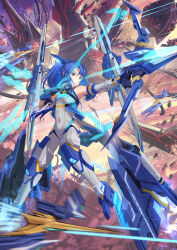 1girl absurdres alice_gear_aegis blue_eyes blue_hair bodysuit bow_(weapon) breasts covered_navel gloves highres holding holding_bow_(weapon) holding_weapon kazanari_tsubasa long_hair mecha_musume origami_yakko ponytail solo takanashi_rei weapon