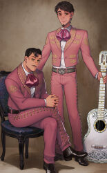 Rule 34 | 2boys, anzumame, belt, black hair, black shoes, brown eyes, buttons, chair, charro, closed mouth, coco (disney), commentary request, crossed legs, ernesto de la cruz, ernesto de la cruz (alive), facial hair, full body, guitar, hector rivera, hector rivera (alive), highres, holding, holding guitar, holding instrument, instrument, jacket, long sleeves, looking at viewer, male focus, multiple boys, mustache, own hands together, pants, pink jacket, pink pants, shirt, shoes, short hair, sitting, smile, white shirt, yellow eyes