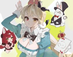 2girls alice_(alice_in_wonderland) alice_(alice_in_wonderland)_(cosplay) alice_thymefield animal_ears black_hat black_sailor_collar black_skirt black_vest blonde_hair braided_twintails breasts cardigan chest_bow chibi cleavage cleavage_cutout clothing_cutout cosplay dress green_dress green_eyes hair_ornament hat heterochromia highres kwak0729 large_breasts long_hair multiple_girls pink_cardigan pocket_watch pom_pom_(clothes) pom_pom_hair_ornament puffy_sleeves rabbit rabbit_ears rabbit_girl red_hair sailor_collar skirt smile top_hat ukinami_yuzuha vest watch white_rabbit_(alice_in_wonderland) white_rabbit_(alice_in_wonderland)_(cosplay) zenless_zone_zero