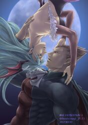 1boy 1girl black_leotard breasts bridal_gauntlets brown_hair darkstalkers demitri_maximoff eye_contact full_body green_eyes green_hair head_wings highres hoshinagi_2723 leotard looking_at_another morrigan_aensland muscular muscular_male red_eyes strapless strapless_leotard upper_body wings