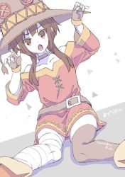 Rule 34 | 1girl, artist name, asymmetrical legwear, bad id, bad twitter id, bandaged leg, bandages, bare shoulders, belt, boots, brown hair, character name, commentary request, female focus, fingerless gloves, gloves, hat, kono subarashii sekai ni shukufuku wo!, megumin, mismatched legwear, open mouth, short hair with long locks, signature, single thighhigh, sitting, solo, tanaka kii, thighhighs, v-shaped eyebrows, witch hat