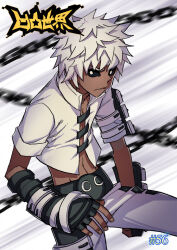 1boy aotu_world belt black_belt black_gloves black_sclera chain colored_sclera copyright_name crop_top dark-skinned_male dark_skin fingerless_gloves gloves male_focus midriff motion_blur navel numbered official_art pants parted_lips qi_chuang_she shirt silver_(aotu_world) solo third-party_source white_eyes white_hair white_pants white_shirt