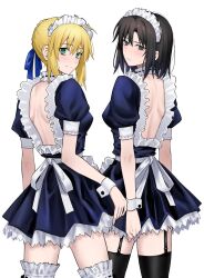 Rule 34 | 2girls, artoria pendragon (fate), black eyes, black hair, blonde hair, blush, egomeshi, fate/stay night, fate (series), garter straps, green eyes, hair bun, highres, kara no kyoukai, looking at viewer, maid headdress, multiple girls, ryougi shiki, saber (fate), short hair, simple background, standing, white background, white wrist cuffs, wrist cuffs