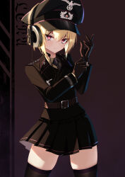 1girl absurdres adjusting_clothes adjusting_gloves belt blonde_hair brown_gloves cross epaulettes gloves hat headphones highres iron_cross jiseki_rena looking_at_viewer military_dress_uniform military_uniform nazi necktie original peaked_cap red_eyes reichsadler rena_(jiseki_rena) short_hair skirt solo thighhighs throat_microphone totenkopf tsurime white_background
