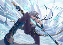 1girl absurdres aqua_boots bare_shoulders black_pantyhose black_skirt boots breasts chromatic_aberration chucky_(chucky1000sun) cleavage collar commentary_request drawing_sword full_body glowing glowing_eye heavy_chromatic_aberration highres holding holding_sword holding_weapon ice looking_at_viewer mask mask_on_head medium_breasts mole mole_under_mouth official_alternate_costume pantyhose parted_lips red_eyes sanhua_(exorcistic_adjuration)_(wuthering_waves) sanhua_(wuthering_waves) scabbard sheath shirt signature skirt sleeveless sleeveless_shirt solo sword unsheathing weapon white_collar white_shirt wuthering_waves