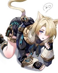 1boy all_fours animal_ear_fluff animal_ears bishounen black_gloves blonde_hair blue_eyes cat_boy cat_ears cat_tail fingerless_gloves freminet_(genshin_impact) genshin_impact gloves highres kuromuru looking_at_viewer male_focus open_mouth short_hair shorts simple_background solo tail thigh_strap thighs white_background